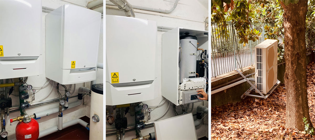 Sistema ibrido composta da caldaia a condensazione da 65 kw e pompa di calore da 16 kw ( Condominio Genova)